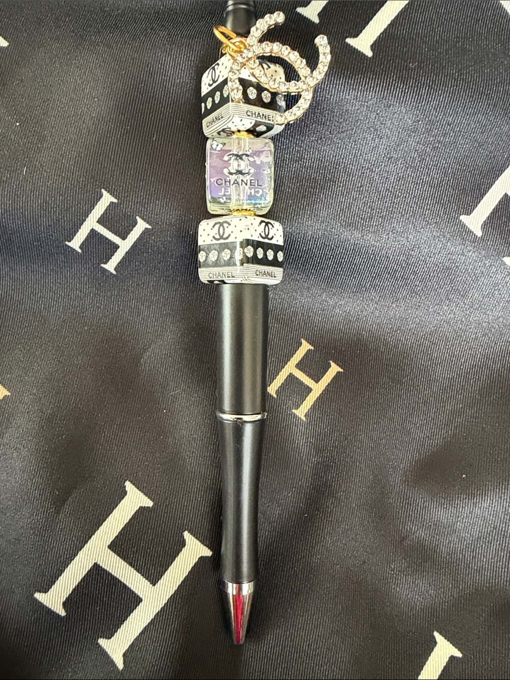 Black Pen with  Accent Beads and Crystal  Charm